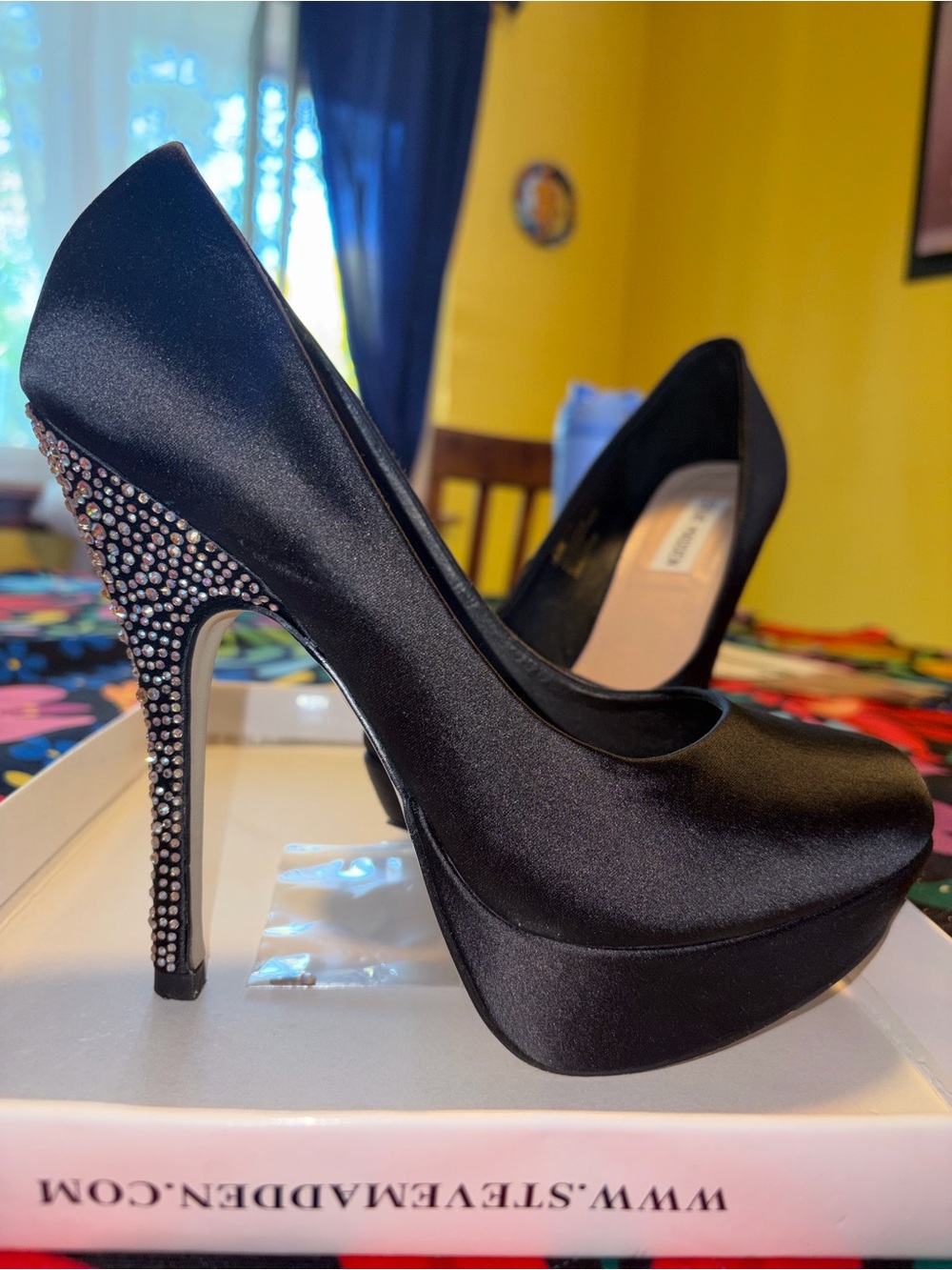 Steve Madden Black Satin Platform Pumps with Crystal-Embellished Heel